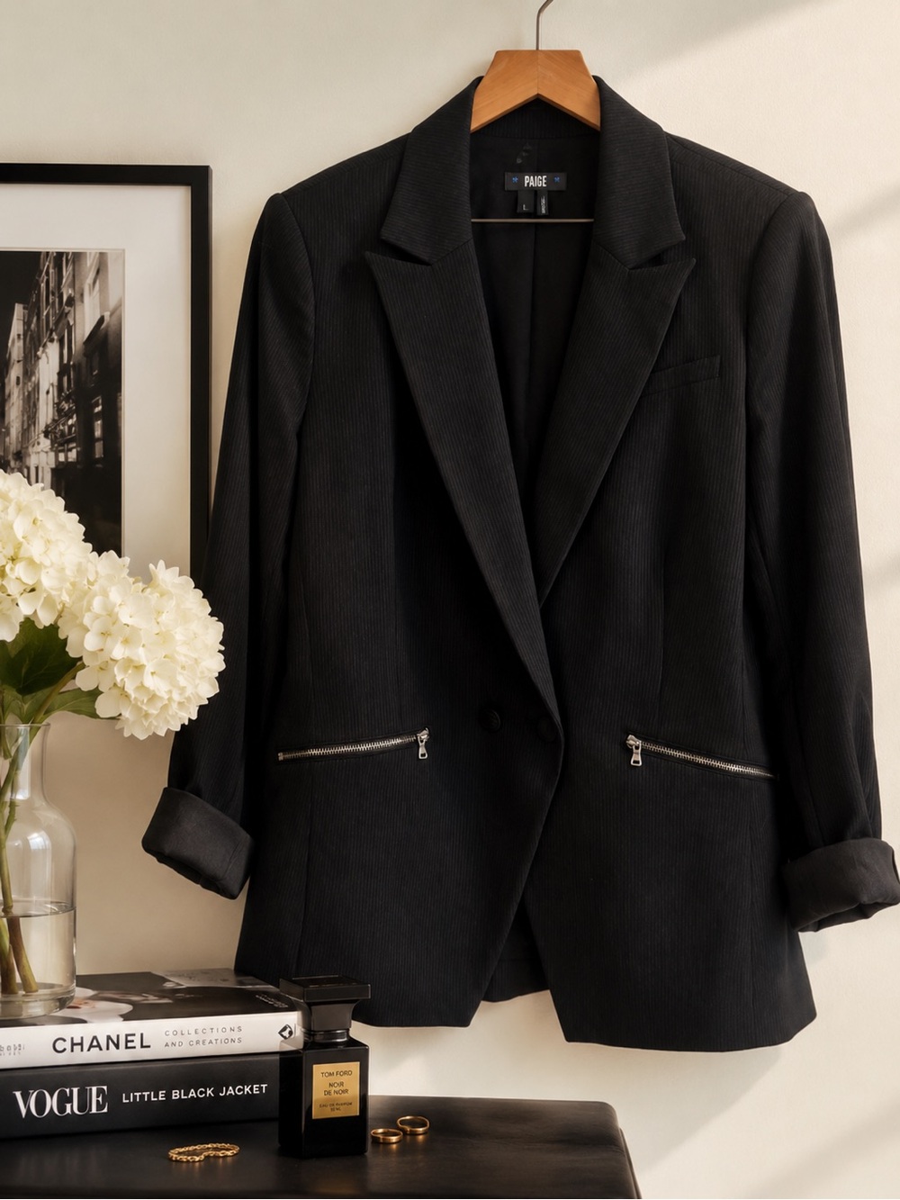 PAIGE Black Single-Button Tailored Blazer with Zip Pockets Size Large